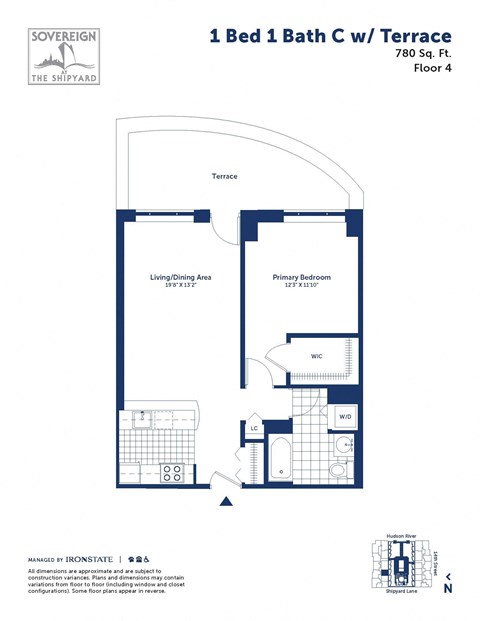 a floor plan of a 1 bed 1 bath condo